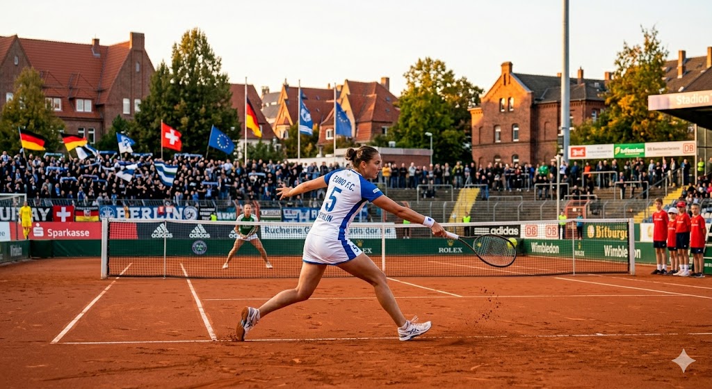 Tennisspielerin schl&auml;gt auf Sandplatz mit jubelndem Publikum im Hintergrund.