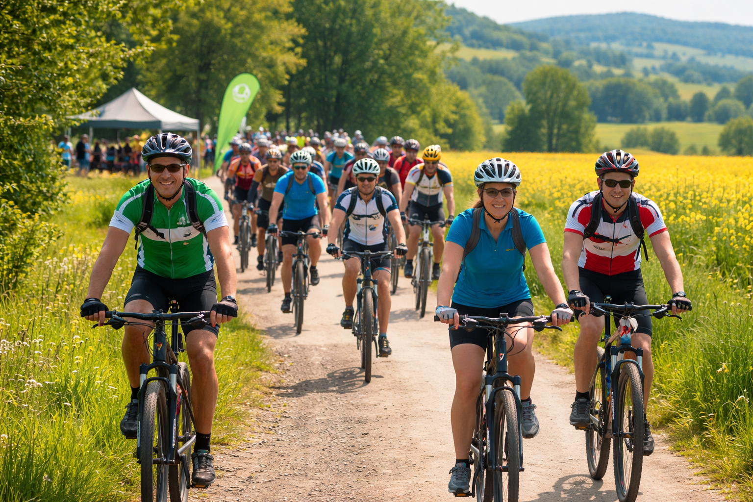 Gruppe von Radfahrern f&auml;hrt auf einem Landweg durch gr&uuml;ne Landschaft bei sonnigem Wetter.