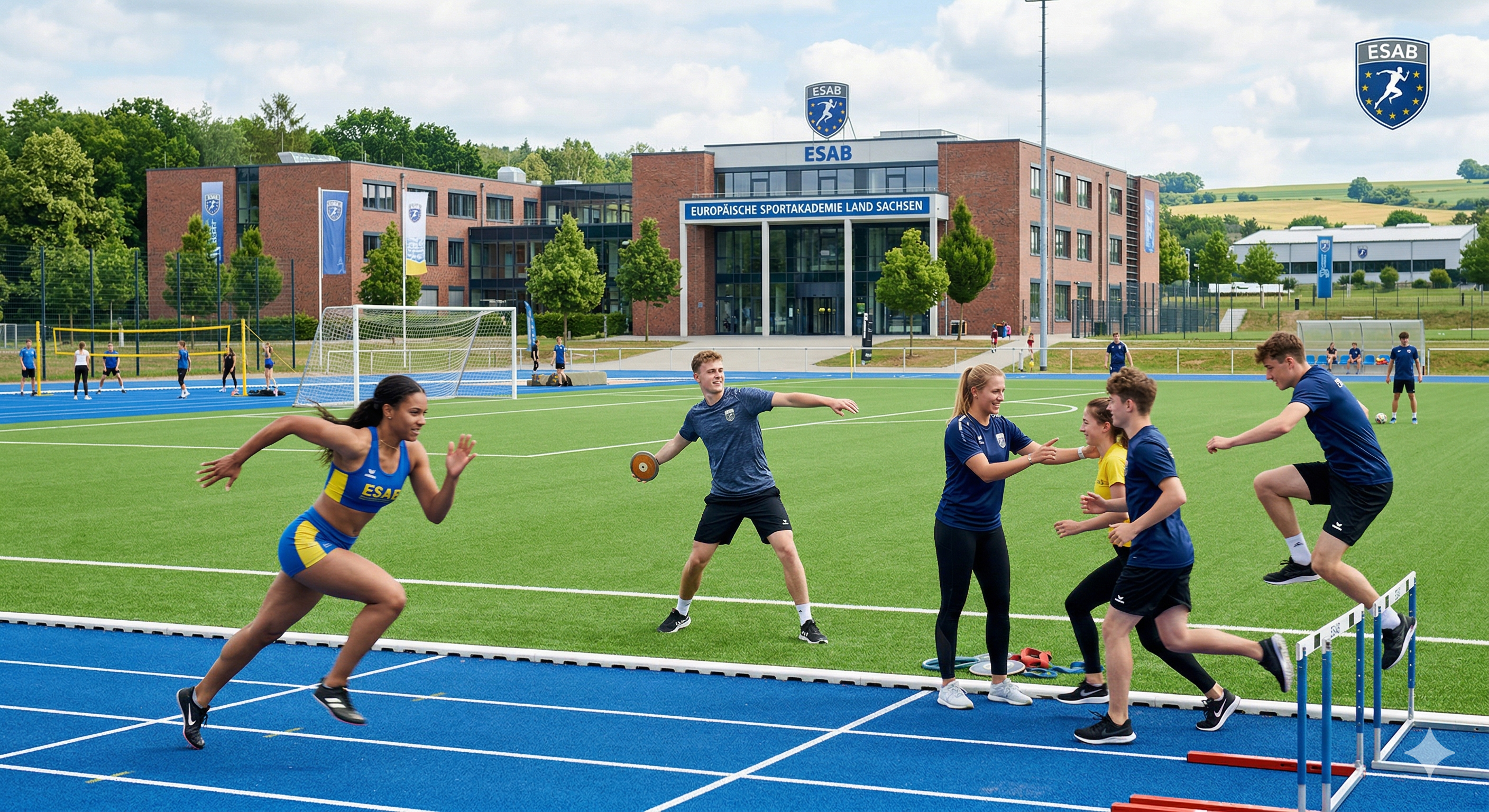 Mehrere Jugendliche treiben Leichtathletik auf einer blauen Laufbahn vor einer Schule.