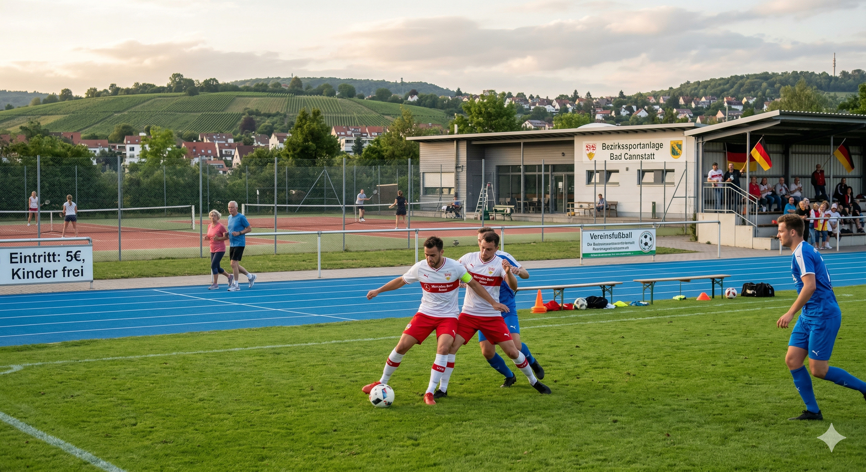 Zwei Fu&szlig;ballspieler in wei&szlig;en Trikots k&auml;mpfen um den Ball gegen einen Spieler in Blau.