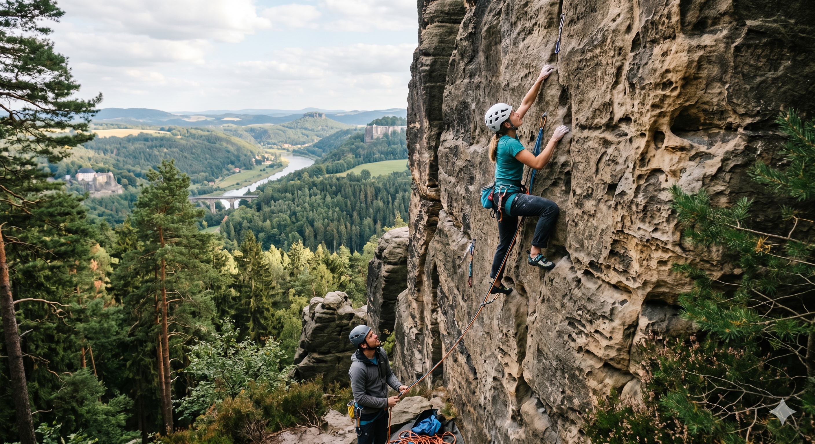 Kletterer an steiler Felswand, Sicherungsperson unten, Wald und Tal im Hintergrund.
