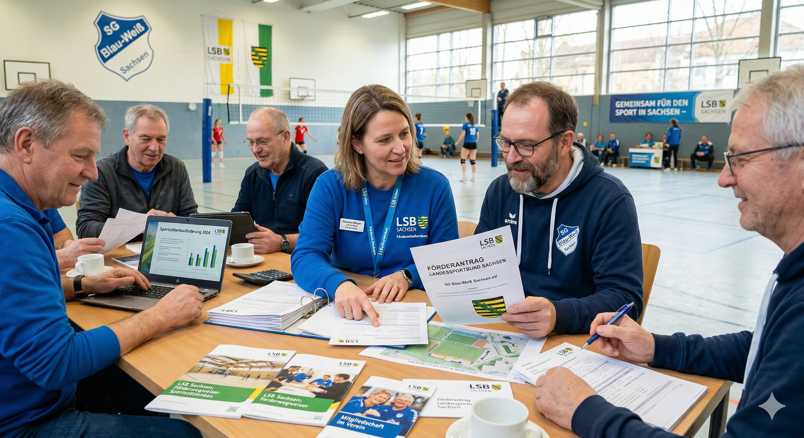 Sechs Personen besprechen Unterlagen an einem Tisch in einer Sporthalle.