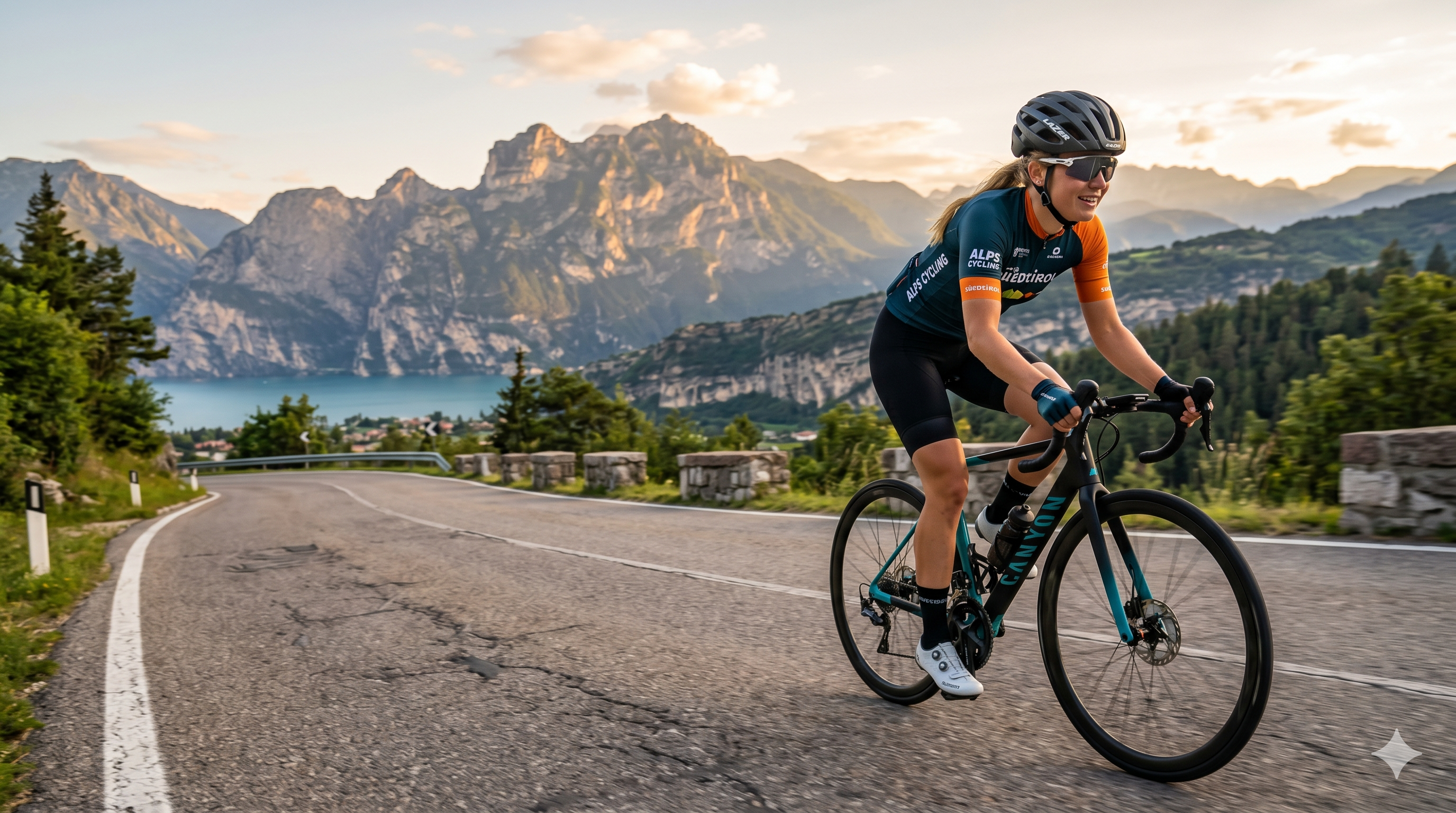 Radfahrerin f&auml;hrt auf einer Bergstra&szlig;e, im Hintergrund Berge und ein See bei Sonnenuntergang.