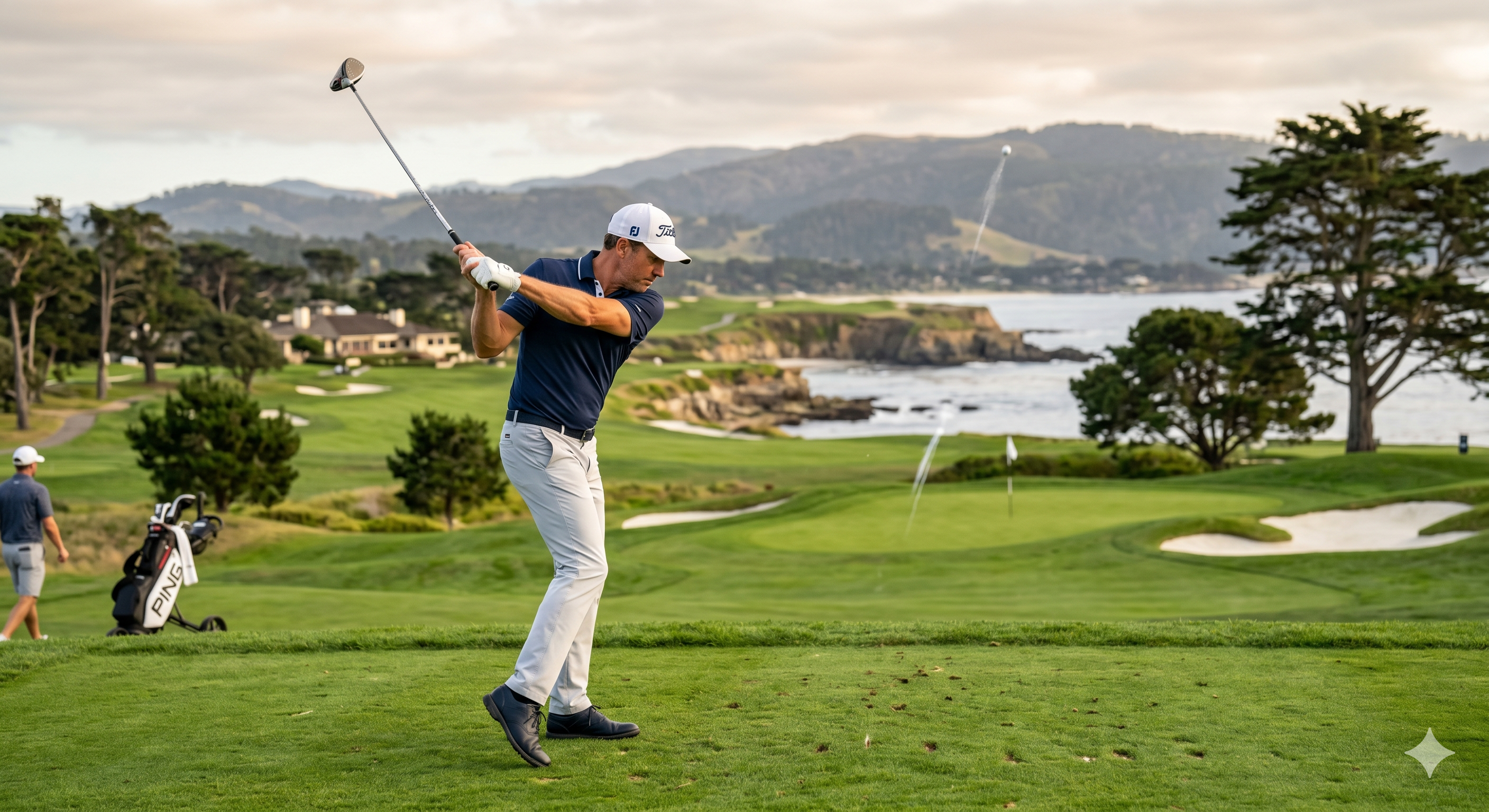 Golfspieler schl&auml;gt auf gr&uuml;nem Platz mit Bergen und Meer im Hintergrund ab.
