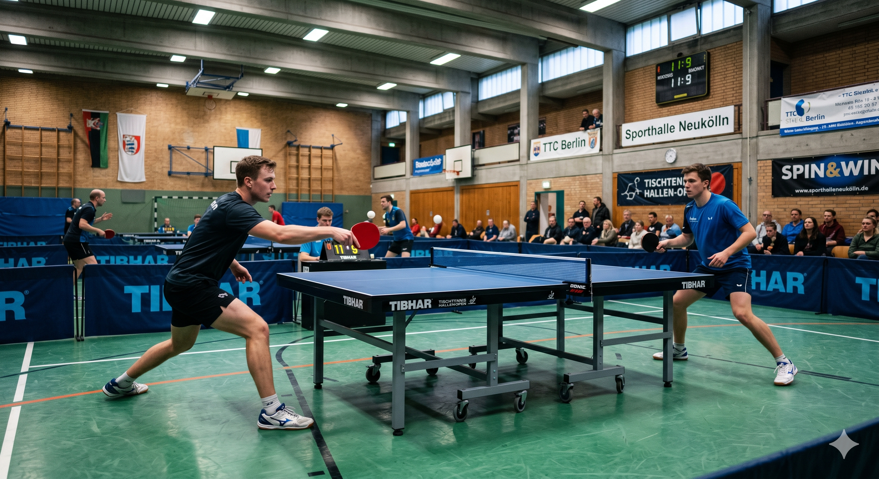 Zwei M&auml;nner spielen Tischtennis in einer Sporthalle, Zuschauer im Hintergrund.