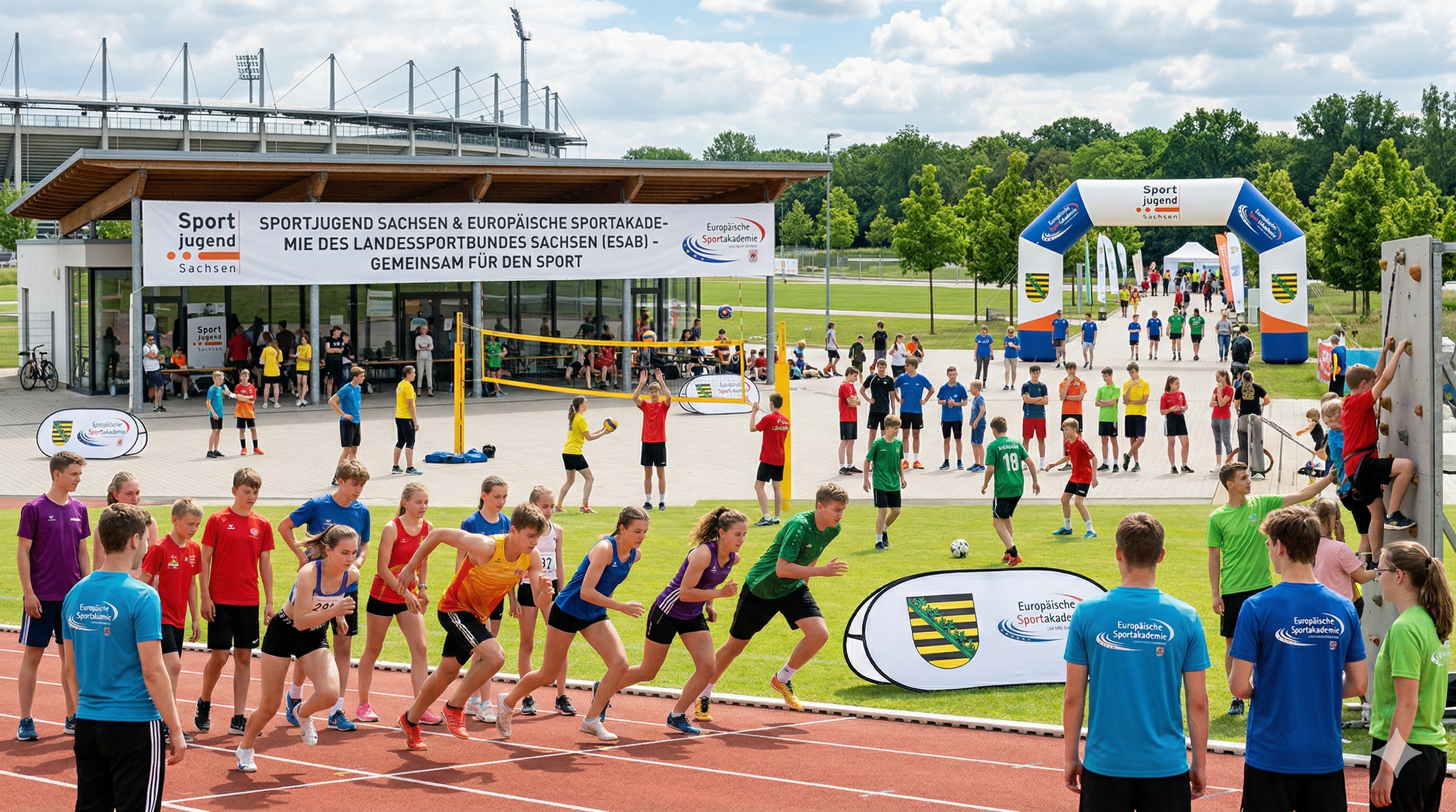 Kinder starten ein Staffellauf auf einer Leichtathletikbahn bei einem Sportfest.