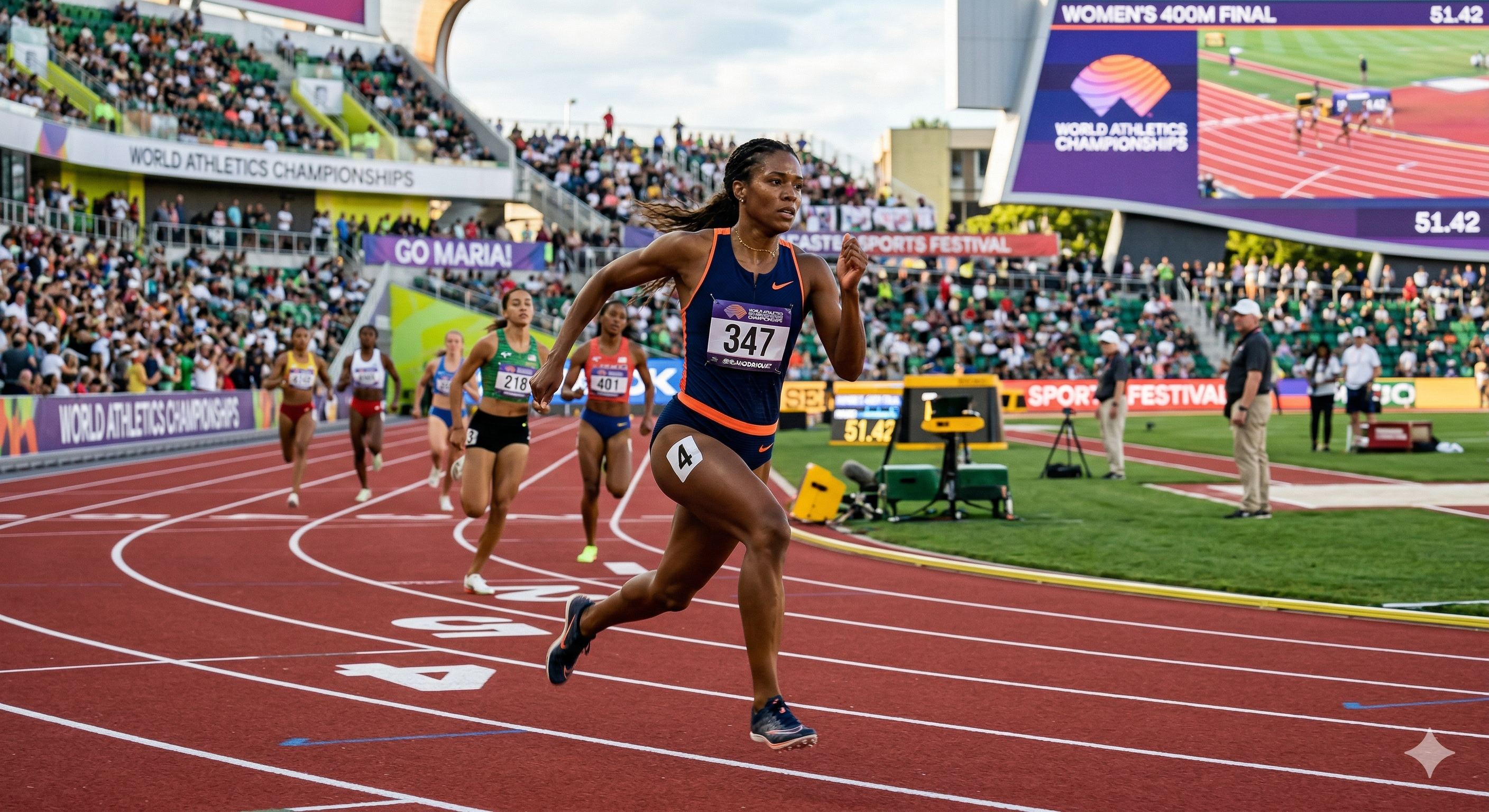Leichtathletin l&auml;uft als Erste &uuml;ber die Ziellinie eines vollen Stadions.