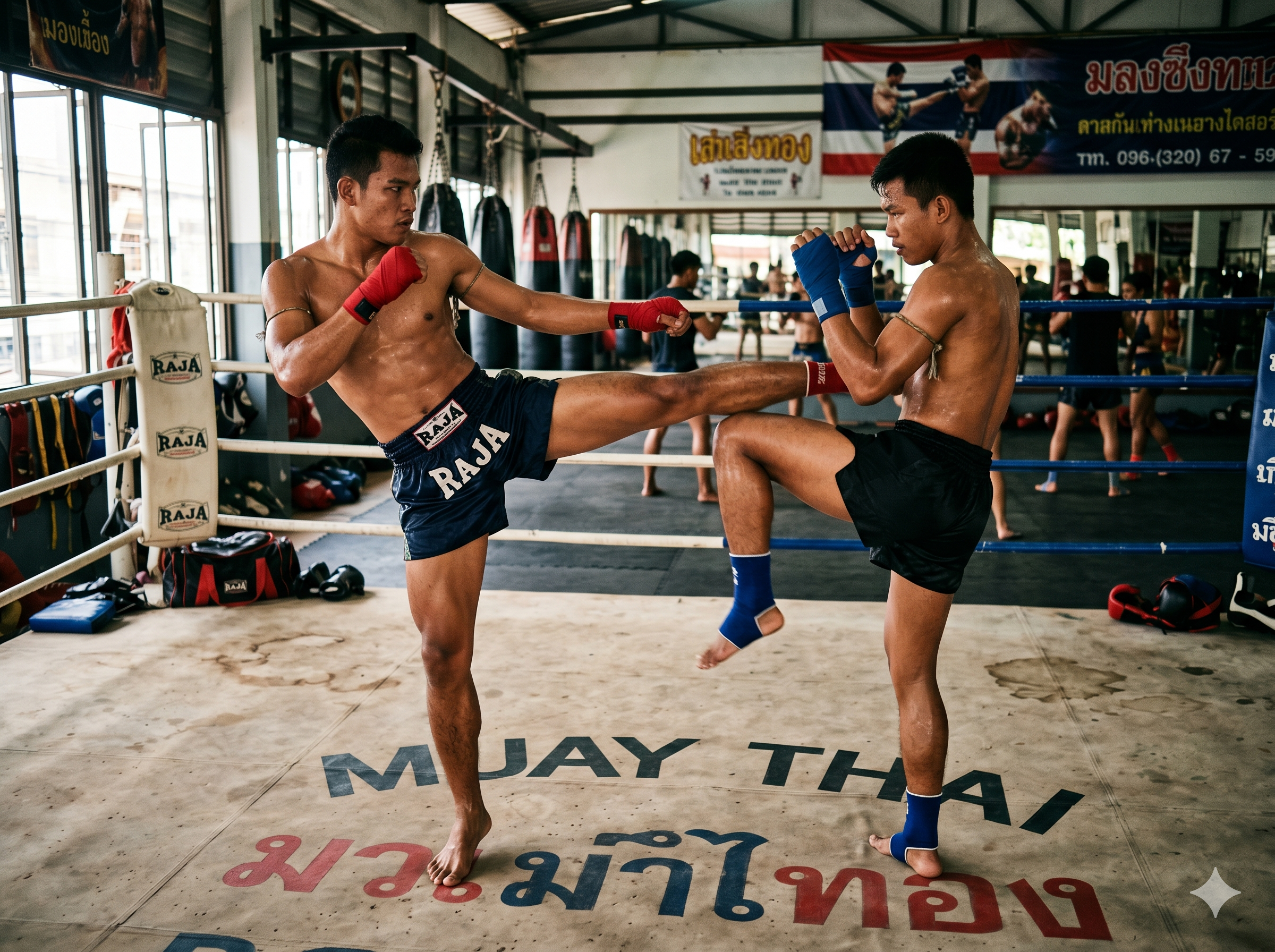 Zwei M&auml;nner trainieren Muay Thai in einem Boxring, beide in Kampfhaltung.